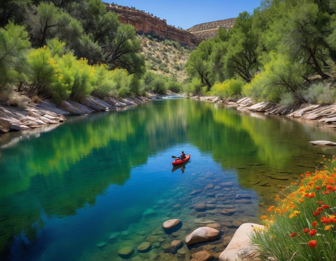 A serene scene depicting a pristine river flowing through New Mexico's landscape, with vibrant blue water reflecting a clear sky. In the foreground, diverse groups of people enjoying nature—fishing, kayaking, and picnicking, all highlighting joy and connection to clean water. Surrounding lush greenery and colorful native flowers enhance the sense of well-being. The image should convey tranquility and happiness, emphasizing the importance of water resources. super-realistic. vibrant colors. 3D.
