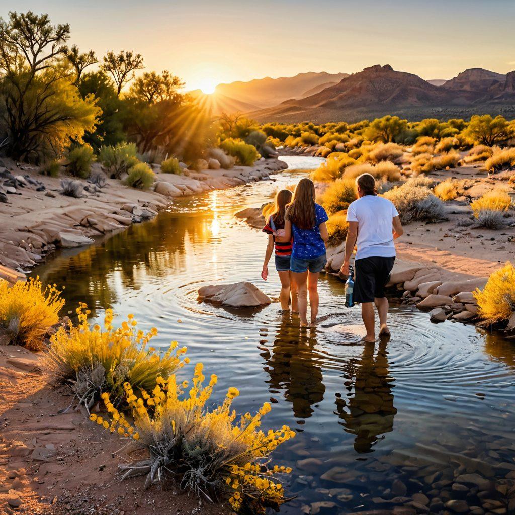 A serene New Mexico landscape showcasing a crystal-clear river flowing through arid desert terrain, with vibrant wildflowers lining its banks. In the foreground, a happy family is joyfully sipping water from reusable bottles, with smiles on their faces, symbolizing health and happiness. The sun sets in the background, casting a golden hue over the scene, emphasizing the natural beauty and excellent water quality. super-realistic. vibrant colors.