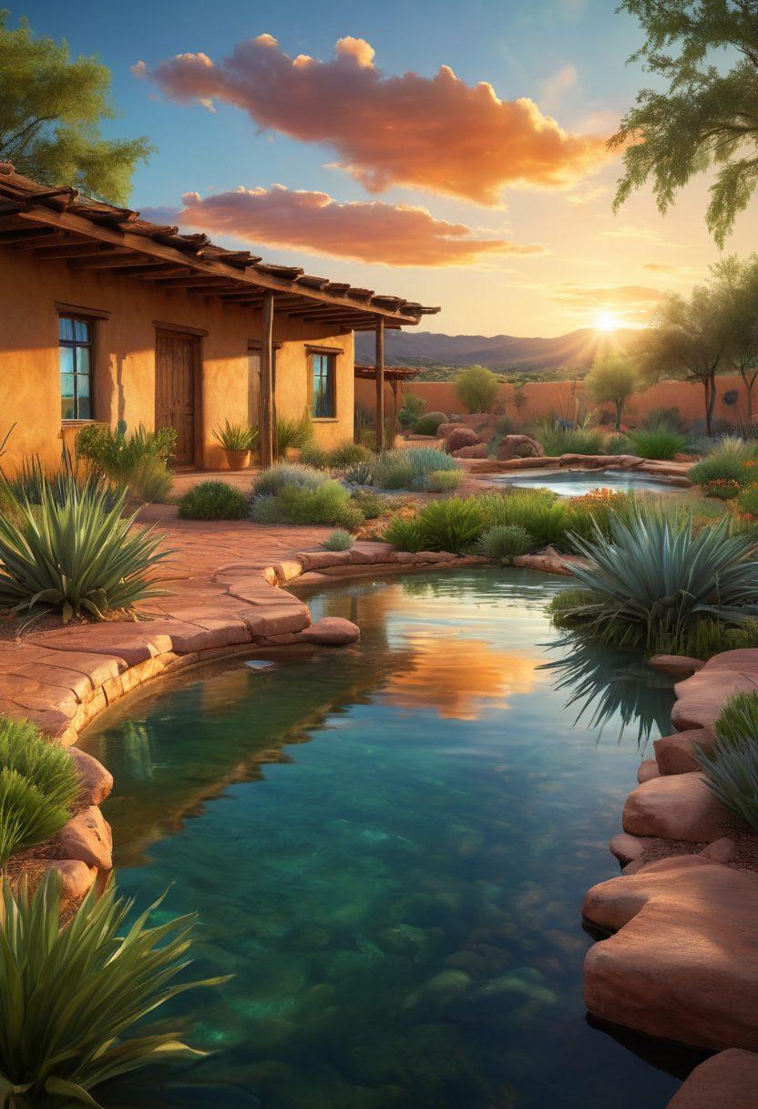 A serene landscape of New Mexico, showcasing a shimmering aquifer reflecting the blue sky, surrounded by sustainable water features like rainwater harvesting systems and lush green plants. Add a smiling family enjoying the water, symbolizing happiness and sustainability; incorporate vibrant sunsets and traditional adobe architecture in the background. super-realistic. vibrant colors. 3D.